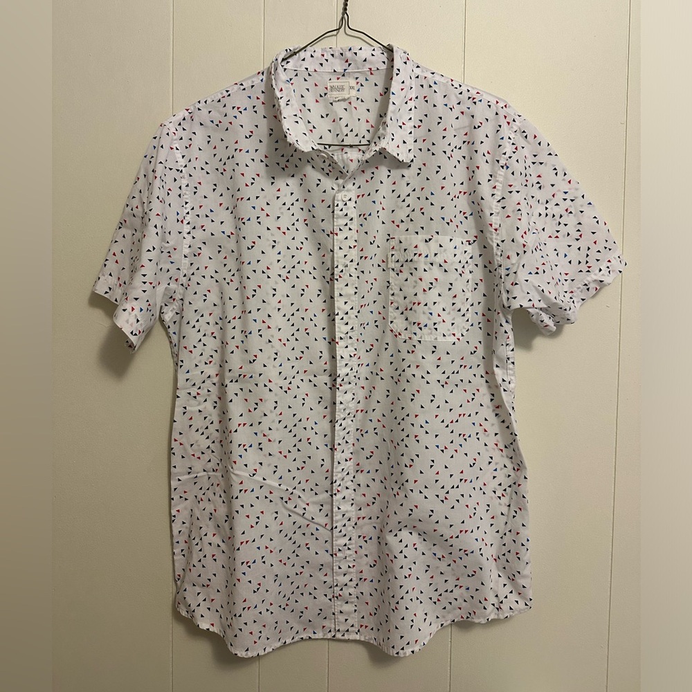 White with red and blue print button down
